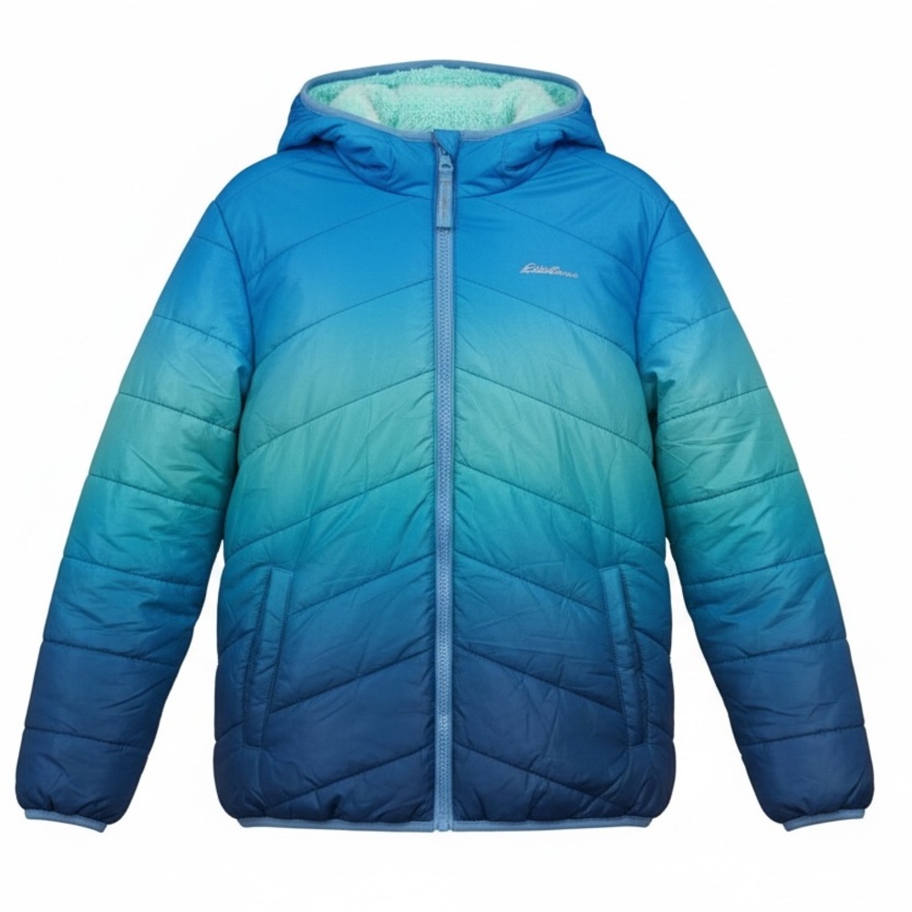 Eddie Bauer Girls' Reversible Winter Jacket in a blue and aqua ombre color.